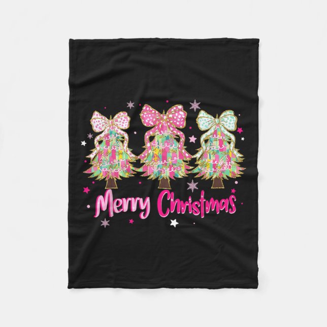 Coquette Bow Merry Christmas Xmas Tree Family Paja Fleece Blanket (Front)