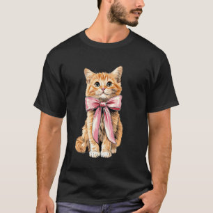 Coquette Bow Orange Cat Tabby Cat Cute Pink Ribbon T-Shirt