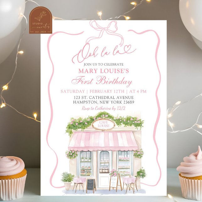 Coquette Bow Parisian cafe French 1st Birthday Invitation (Creator Uploaded)