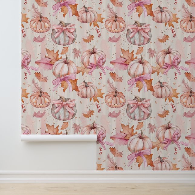 Coquette Bow Pastel Pumpkin Aesthetic Pattern  Wallpaper (Application)
