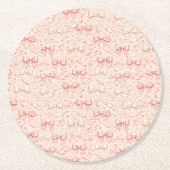 Coquette Bow Pattern Round Paper Coaster (Front)