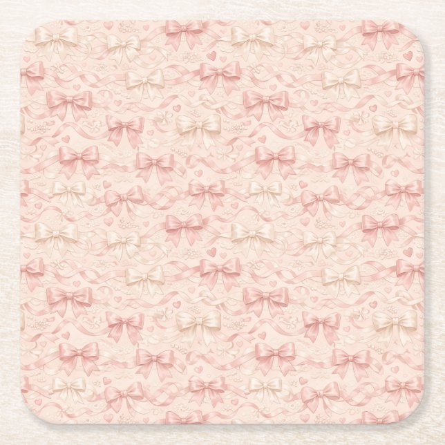 Coquette Bow Pattern Square Paper Coaster (Front)