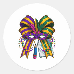 Coquette Bow Pencil Mask Beads Mardi Gras Teacher  Classic Round Sticker