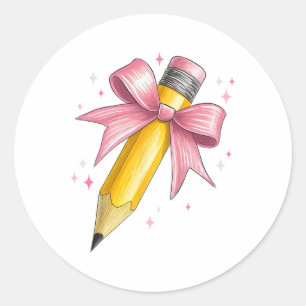 Coquette Bow Pencil Teacher Student First Day Back Classic Round Sticker
