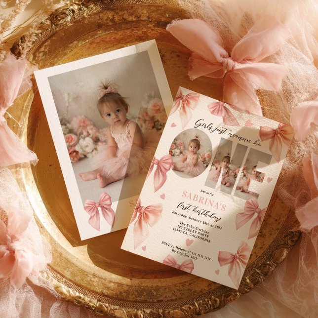 Coquette Bow Pink Girls Just wanna First Birthday Invitation (Coquette Bow Pink Girls Just wanna First Birthday Invitation)