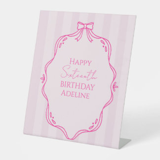 Coquette Bow Pink Striped Birthday Pedestal Sign