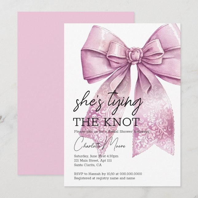 Coquette Bow Pink Tying The Knot Bridal Shower Invitation (Front/Back)