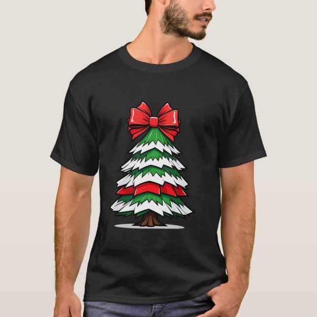 Coquette Bow Red And White Christmas Tree Santa T-Shirt (Front)