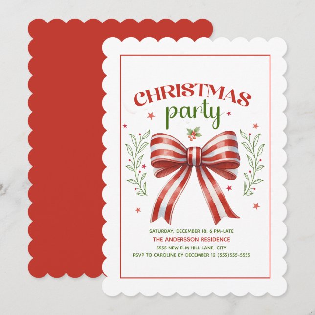 Coquette Bow Red White Scalloped Christmas Party Invitation (Front/Back)