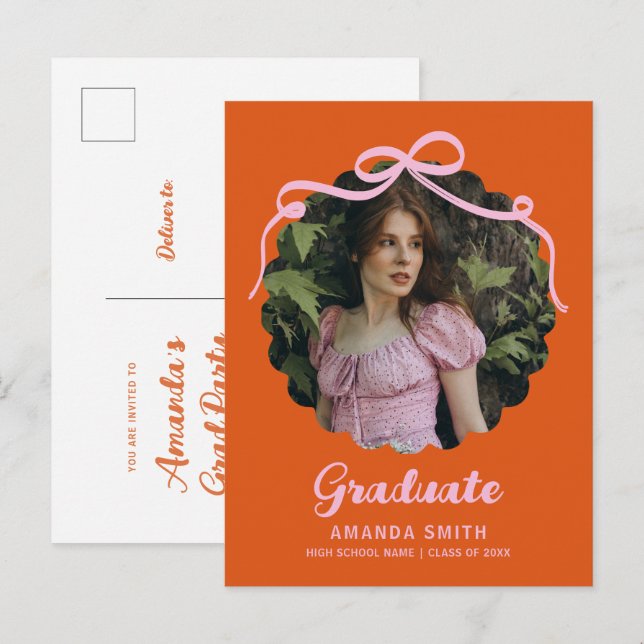 Coquette Bow Retro Orange & Pink Graduation Photo Invitation Postcard (Front/Back)