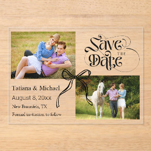 Coquette bow ribbon 2 photos save the date modern acrylic invitations