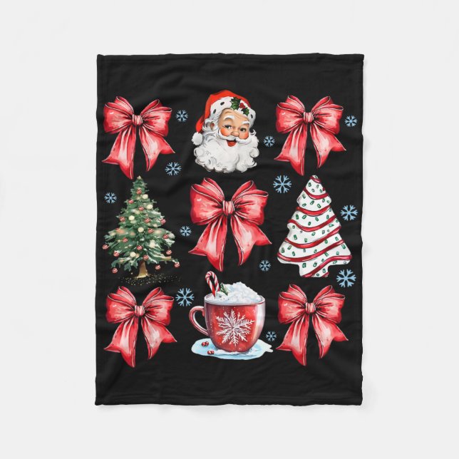 Coquette Bow Santa Christmas Tree Cake Candy Cane  Fleece Blanket (Front)