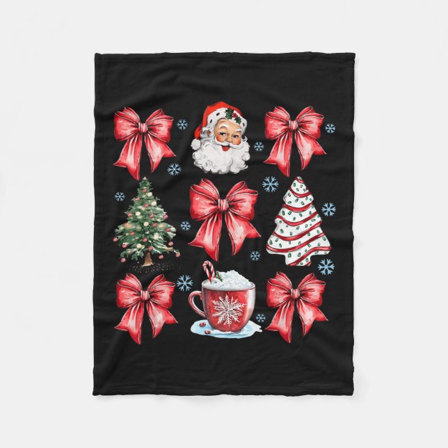 Coquette Bow Santa Christmas Tree Cake Candy Cane  Fleece Blanket (Front)