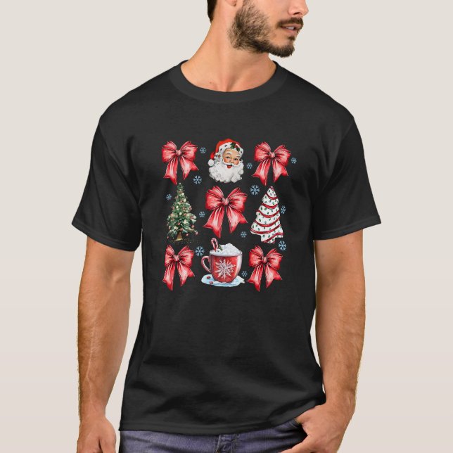 Coquette Bow Santa Christmas Tree Cake Candy Cane  T-Shirt (Front)