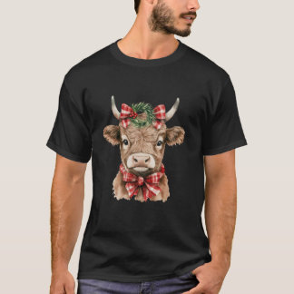 Coquette Bow Santa Highland Cow Christmas Lights C T-Shirt