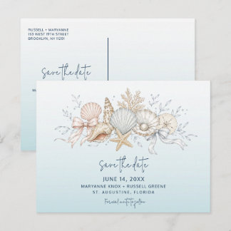 Coquette Bow & Seashell Beach Wedding Save the Dat Announcement Postcard