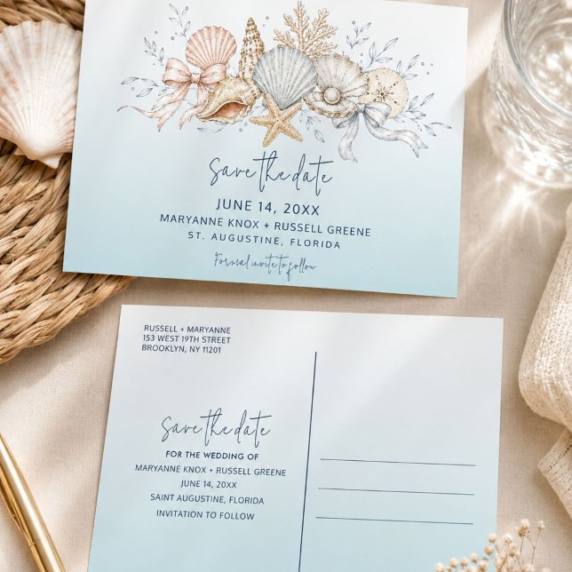 Coquette Bow & Seashell Beach Wedding Save the Dat Announcement Postcard (Coquette Bow & Seashell Beach Wedding Save the Date)