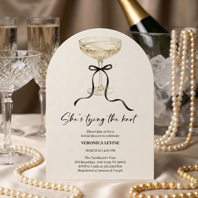 Coquette Bow She’s Tying the Knot Bridal Shower  Invitation (She’s Tying the Knot Bridal Shower - Champagne Coupe Bow, Modern Arch)