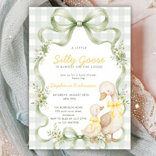 Coquette Bow Silly Goose Sage Gingham Baby Shower Invitation