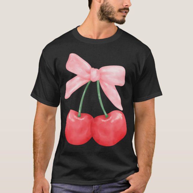 Coquette Bow Simple Pink Cute Girl Cherries  T-Shirt (Front)