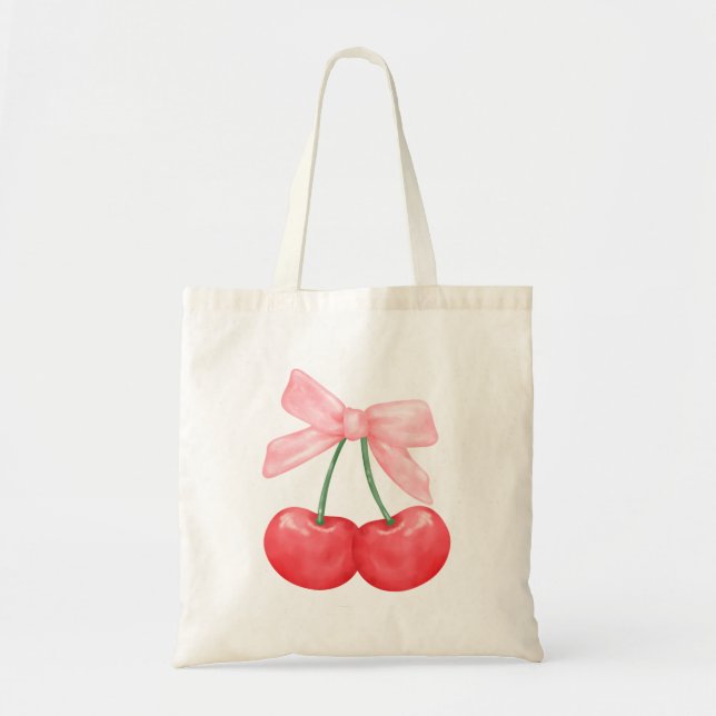 Coquette Bow Simple Pink Cute Girl Cherries  Tote Bag (Front)