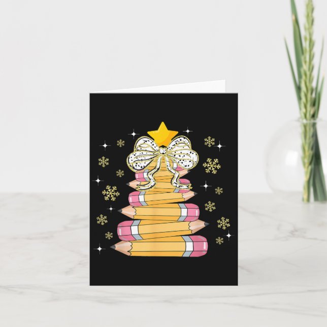 Coquette Bow Snowflake Christmas Xmas Tree Pencils Card (Front)