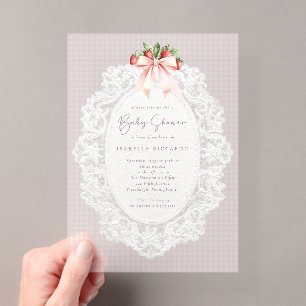 Coquette Bow Stawberries Lace Baby Shower Acrylic Invitations