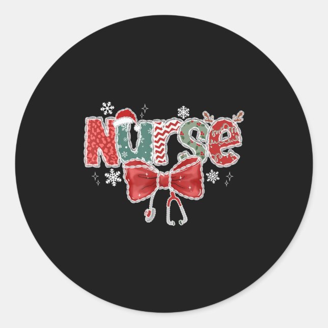 Coquette Bow Stethoscope Nurse Merry Christmas Xma Classic Round Sticker (Front)
