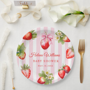Coquette Bow Strawberries Baby Shower Paper Plate