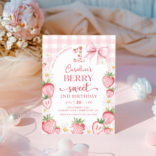 Coquette Bow Strawberry 2nd Birthday Invitation