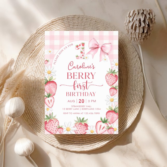 Coquette Bow Strawberry Berry First 1st Birthday Invitation (Creator Uploaded)