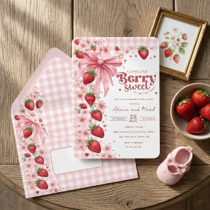 Coquette Bow Strawberry Berry Sweet Baby Shower Invitation