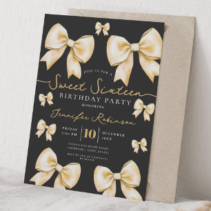 Coquette Bow Sweet 16 Birthday Gold Black Invitation