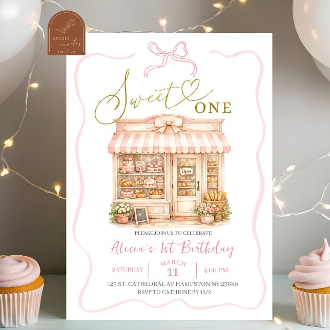 Coquette Bow Sweets Shop First Birthday Invitation (Creator Uploaded)