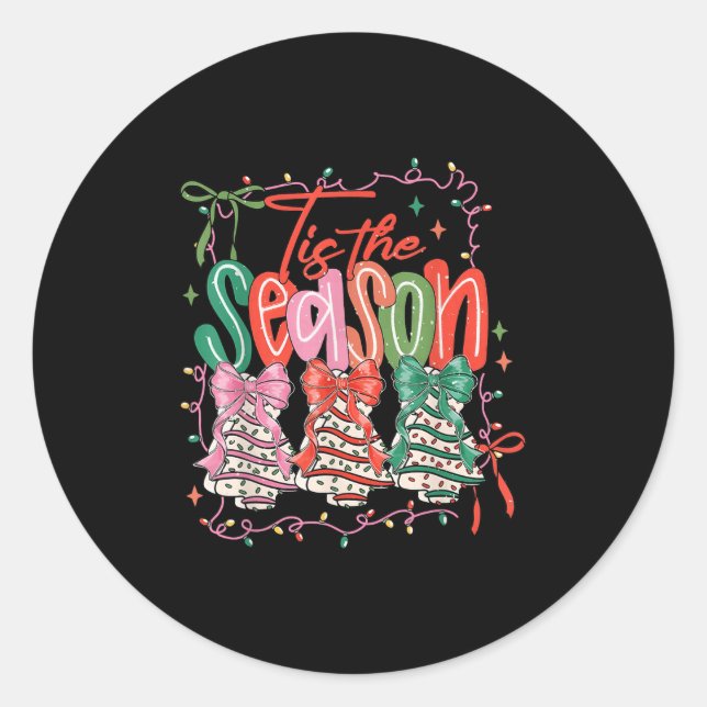 Coquette Bow Tis The Season Christmas Tree Cakes C Classic Round Sticker (Front)