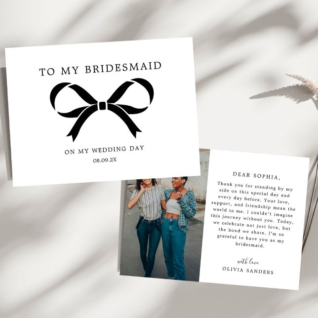 Coquette Bow To My Bridesmaid Wedding Day Photo Thank You Card (Creator Uploaded)