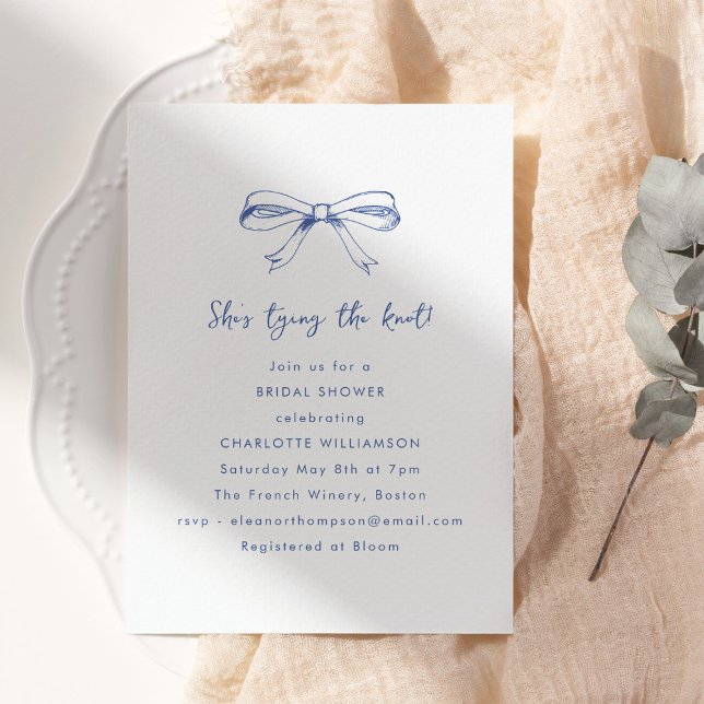 Coquette Bow Tying Knot Script Blue Bridal Shower Invitation (Creator Uploaded)
