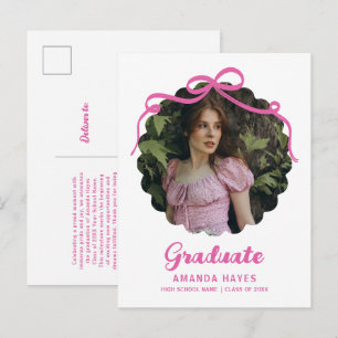 Coquette Bow Wavy Pink & White Graduation Photo Announcement Postcard
