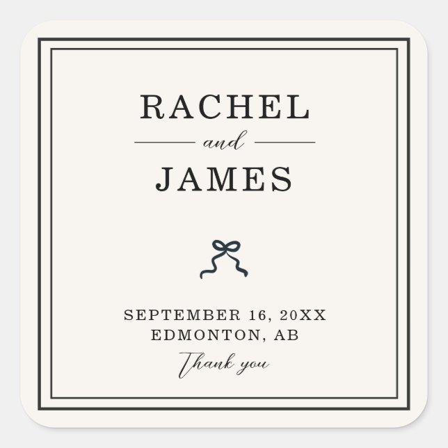 Coquette Bow Wedding Minimal Elegant Personalised Square Sticker (Front)