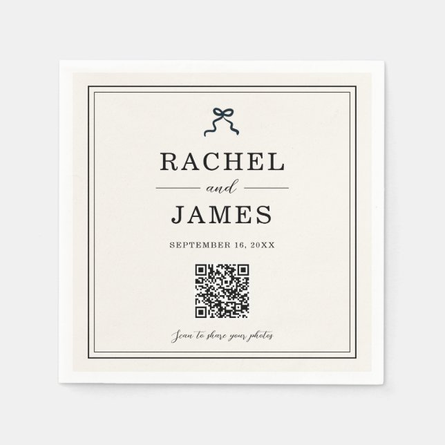 Coquette Bow Wedding Photo Sharing QR Code Minimal Napkin (Front)