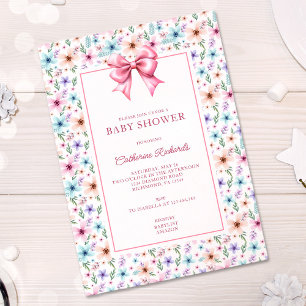 Coquette Bow Wildflower Girl Baby Shower Floral Invitation