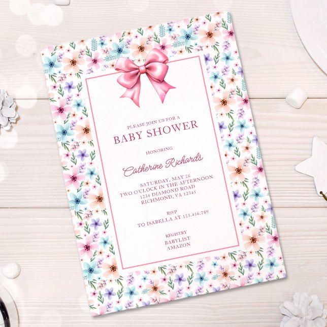 Coquette Bow Wildflower Girl Baby Shower Floral Invitation (Creator Uploaded)