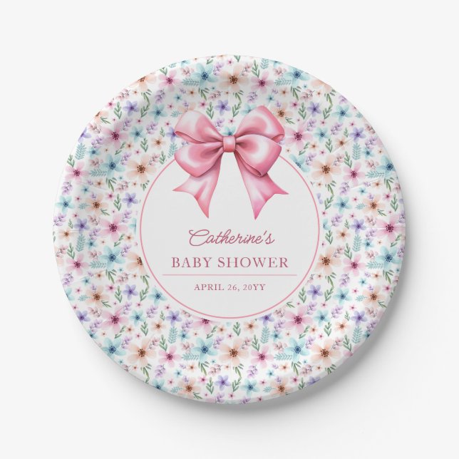 Coquette Bow Wildflowers Elegant Floral  Paper Plate (Front)