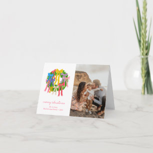 Coquette Bow Wreath Colourful 3 Photo Folded Holiday Card