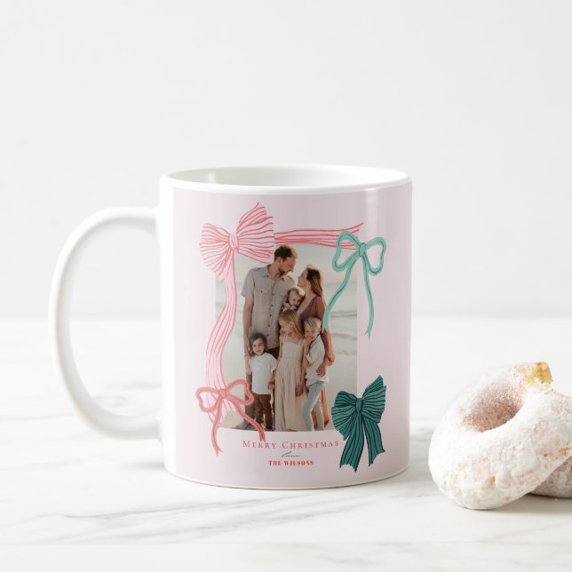 Coquette Bows 2 Photos Pink Christmas Holiday Coffee Mug (With Donut)