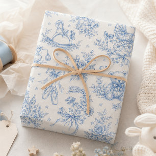 Coquette Bows and Teddy Bears Blue Toile  Wrapping Paper Sheet
