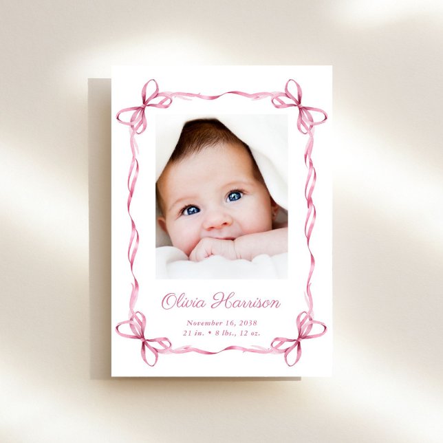 Coquette Bows Baby Girl Photo Birth Announcement (A beautiful and unique way to thank family and friends and introduce them to your precious  baby)