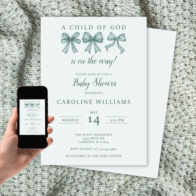 Coquette Bows Christian Child of God Baby Green Invitation (Creator Uploaded)