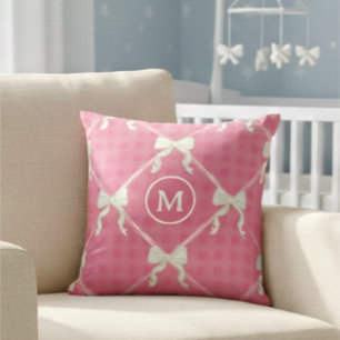 Coquette Bows Gingham Monogram Cream Pink Cushion