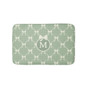 Coquette Bows Gingham Monogram Cream Sage Green  Bath Mat